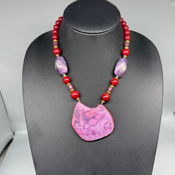 Ceramic Pendant Red Chunky Beads Choker Statement Necklace - Picture 2 of 10